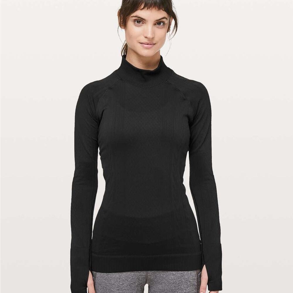 Lululemon Rest Less Mock Neck Cable Knit Black Long Sleeve Top Size 4